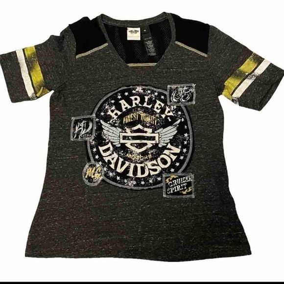 Harley-Davidson Tops - Harley Davidson Jersey Style T-shirt Grey Speckled Black Trim And Patchwork